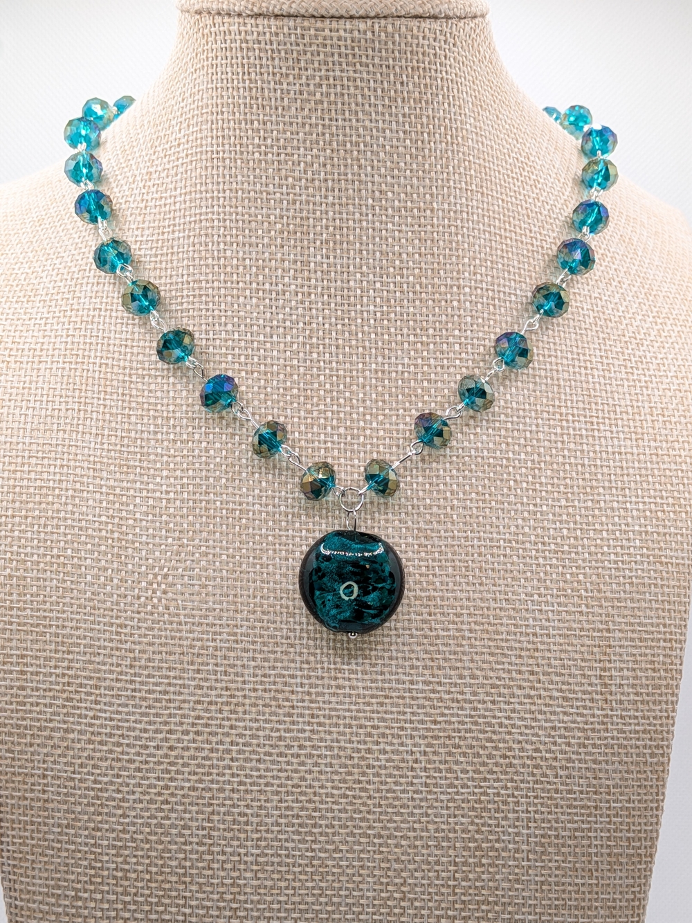 Handmade Teal Green Crystal Bead Necklace with Glass Art Pendant